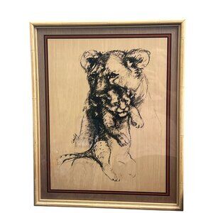 Vtg 70s Verily Hammons Reverse Glass Art Drawing Lioness Lion Cub Framed 21x17